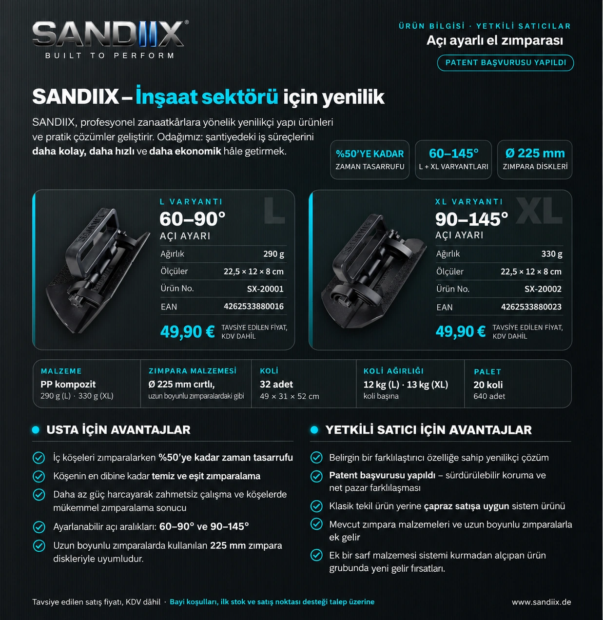 SANDIIX için hazırlanmış Türkçe ürün bilgi görseli; L ve XL varyantları ile teknik ve tanıtım içerikleri tek sayfada gösteriliyor.