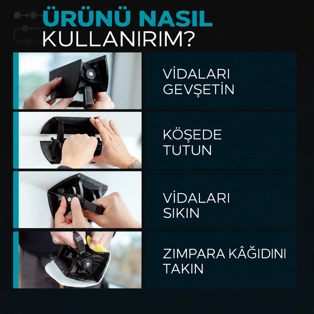 Ürünün kullanımına ilişkin dört adımlı Türkçe bilgilendirme grafiği; talimatların güncelliği onay bekliyor.